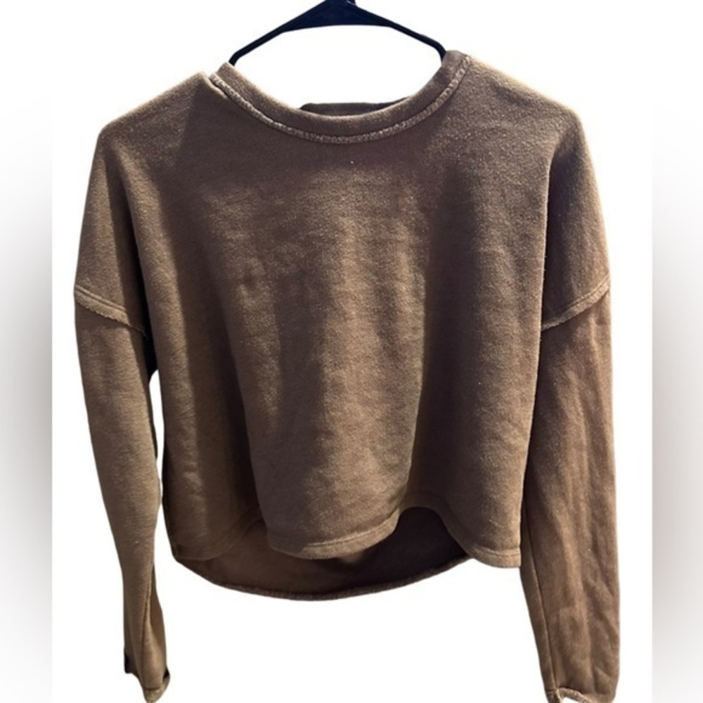 Light fuzzy brown crop top open back sweater